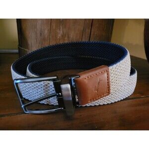 Tommy Bahama Mens L/XL 38-42 Reversible Stretch Cord Belt Leather Trim Tan/Navy